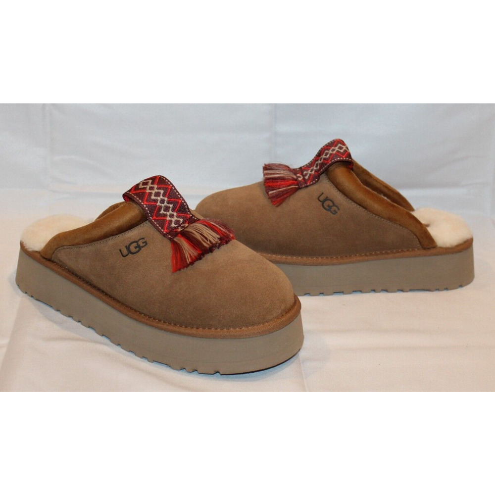 UGG WOMEN'S TAZZ PLATFORM SUEDE SHEARLING‎ LINED SLIPPERS SZ 9 CHESTNUT